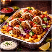 Fries Topped With Falafel Melted Cheese Salad Sauce