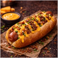 Sausage,bun,Melted Cheddar,Mayoinaise,Ketchup